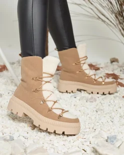 New Beżowe damskie ocieplane botki typu trapery z kożuszkiem Lery Walk Trapery|Botki Sznurowane