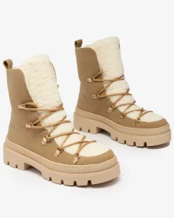 New Beżowe damskie ocieplane botki typu trapery z kożuszkiem Lery Walk Trapery|Botki Sznurowane
