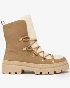 New Beżowe damskie ocieplane botki typu trapery z kożuszkiem Lery Walk Trapery|Botki Sznurowane