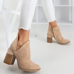 Outlet Beżowe damskie botki na słupku z wycięciami Cintura Botki Bez Ocieplenia|Botki Na Słupku