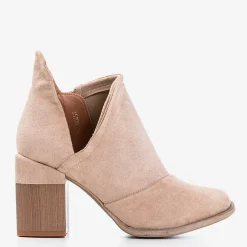 Outlet Beżowe damskie botki na słupku z wycięciami Cintura Botki Bez Ocieplenia|Botki Na Słupku