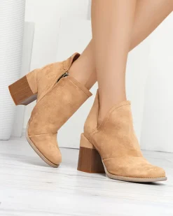 Outlet Beżowe damskie botki na słupku z wycięciami Cintura Botki Bez Ocieplenia|Botki Na Słupku