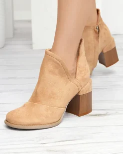 Outlet Beżowe damskie botki na słupku z wycięciami Cintura Botki Bez Ocieplenia|Botki Na Słupku