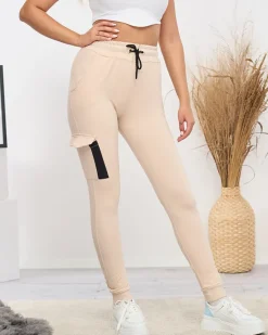 Clearance Beżowe damskie bawełniane spodnie dresowe Spodnie Dresowe