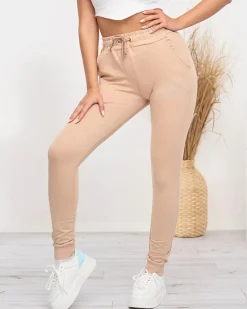 Hot Beżowe damskie spodnie dresowe z cyrkoniami Spodnie Dresowe