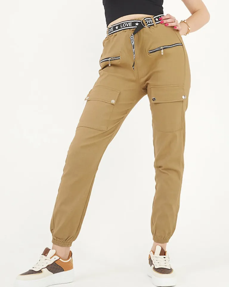 Beżowe damskie spodnie typu bojówki z kieszeniami Spodnie Cargo|Spodnie Materiałowe