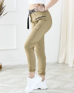 Beżowe damskie spodnie typu bojówki z kieszeniami Spodnie Cargo|Spodnie Materiałowe