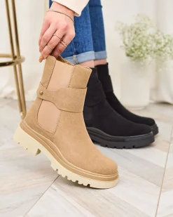 Clearance Beżowe damskie botki z ozdobnym paskiem Doasa Botki Z Delikatnym Ociepleniem|Botki Na Płaskim Obcasie