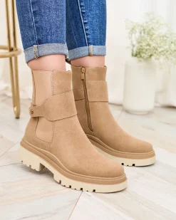 Clearance Beżowe damskie botki z ozdobnym paskiem Doasa Botki Z Delikatnym Ociepleniem|Botki Na Płaskim Obcasie