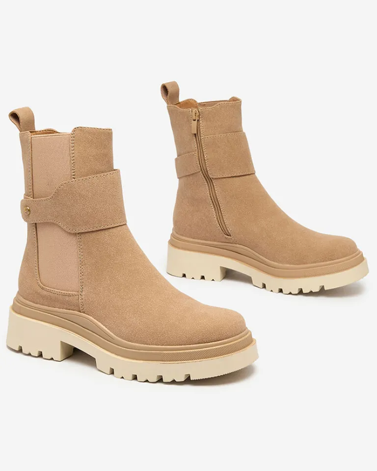 Clearance Beżowe damskie botki z ozdobnym paskiem Doasa Botki Z Delikatnym Ociepleniem|Botki Na Płaskim Obcasie