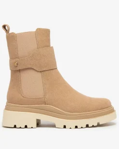 Clearance Beżowe damskie botki z ozdobnym paskiem Doasa Botki Z Delikatnym Ociepleniem|Botki Na Płaskim Obcasie