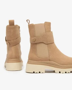 Clearance Beżowe damskie botki z ozdobnym paskiem Doasa Botki Z Delikatnym Ociepleniem|Botki Na Płaskim Obcasie