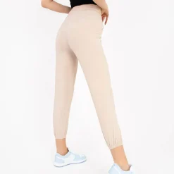 New Beżowe damskie spodnie materiałowe z naszywką Spodnie Materiałowe