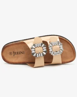 Online Beżowe damskie klapki ze zdobionymi klamerkami Olimika Klapki Płaskie