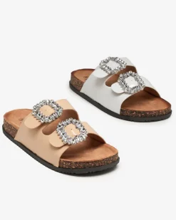 Online Beżowe damskie klapki ze zdobionymi klamerkami Olimika Klapki Płaskie