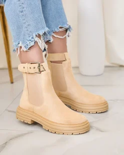 Beżowe damskie botki z ozdobnym paskiem Loffdo Botki Z Delikatnym Ociepleniem|Botki Na Płaskim Obcasie