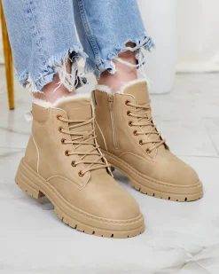 Clearance Beżowe damskie ocieplane botki typu trapery Radoras Trapery|Botki Z Delikatnym Ociepleniem