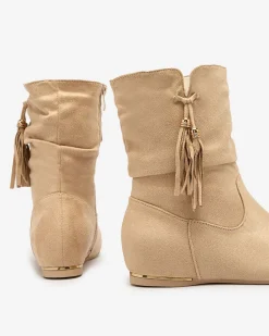 New Beżowe eko - zamszowe botki na krytym koturnie Lovely Botki Z Delikatnym Ociepleniem|Botki Na Koturnie