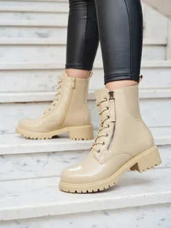 Best Beżowe eko skórzane damskie botki workery Seddaga Workery|Botki Z Delikatnym Ociepleniem