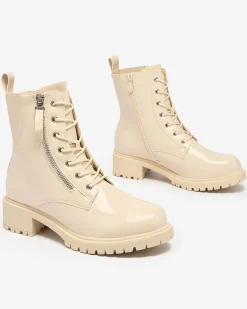 Discount Beżowe eko skórzane damskie botki workery Gaddaxa Workery|Botki Z Delikatnym Ociepleniem