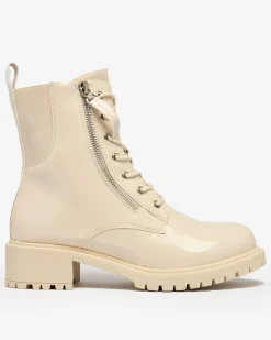 Discount Beżowe eko skórzane damskie botki workery Gaddaxa Workery|Botki Z Delikatnym Ociepleniem