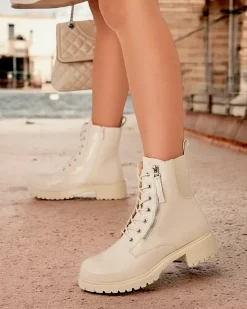 Discount Beżowe eko skórzane damskie botki workery Gaddaxa Workery|Botki Z Delikatnym Ociepleniem