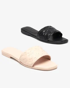 Online Beżowe klapki damskie z tłoczeniem Mersylio Klapki Płaskie