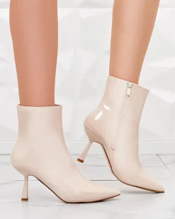 Best Beżowe lakierowane damskie botki na szpilce Elegant Classy Szpilki|Botki Bez Ocieplenia