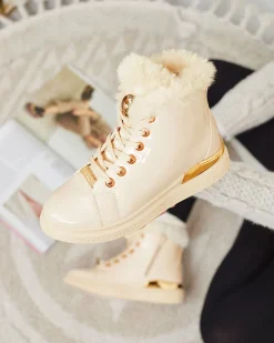 Clearance Beżowe lakierowane damskie ocieplane botki Sylnina Botki Z Grubym Ociepleniem|Botki Na Płaskim Obcasie