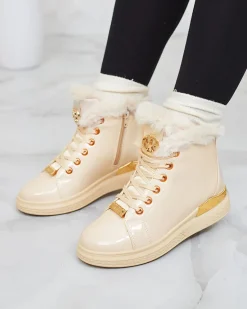 Clearance Beżowe lakierowane damskie ocieplane botki Sylnina Botki Z Grubym Ociepleniem|Botki Na Płaskim Obcasie