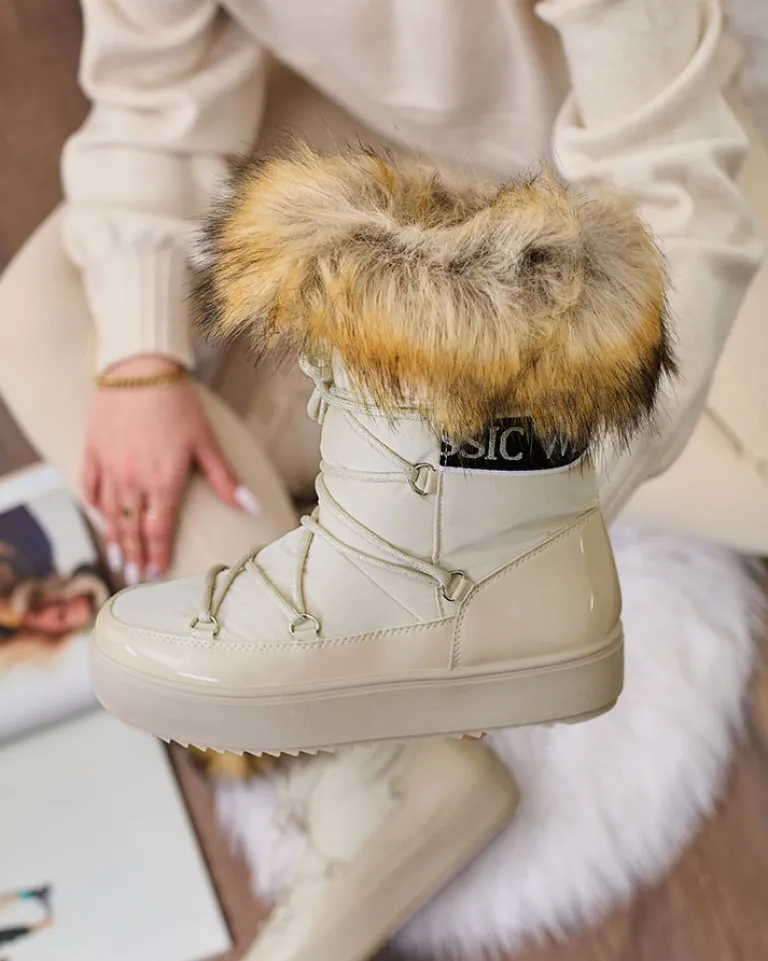 Hot Beżowe wsuwane botki a'la śniegowce damskie Gomllo Śniegowce|Botki Z Delikatnym Ociepleniem
