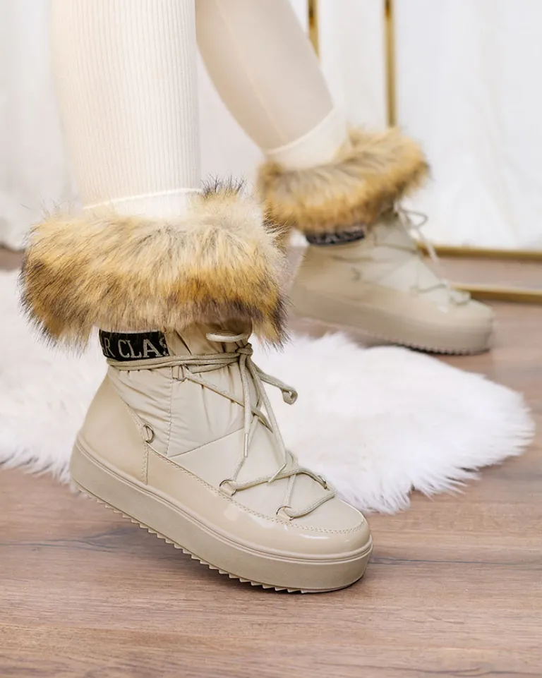 Hot Beżowe wsuwane botki a'la śniegowce damskie Gomllo Śniegowce|Botki Z Delikatnym Ociepleniem
