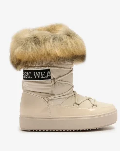 Hot Beżowe wsuwane botki a'la śniegowce damskie Gomllo Śniegowce|Botki Z Delikatnym Ociepleniem