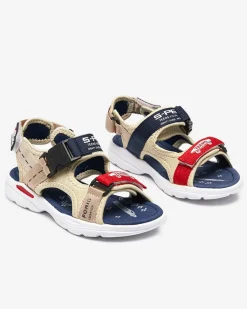 Online Beżowo- granatowe chłopięce sandały na rzepy Elbrusii Chłopięce