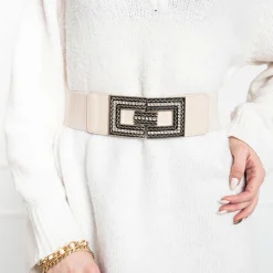 New damski elastyczny pasek ze srebrną klamrą z cyrkoniami Damskie Paski