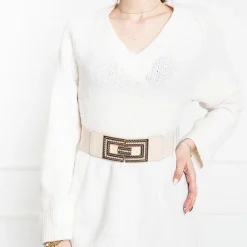 Outlet damski elastyczny pasek ze złotą klamrą z cyrkoniami Damskie Paski