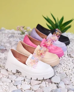 Best Białe damskie mokasyny z kolorowymi kryształkami Crystal Glam Półbuty|Mokasyny Na Płaskiej Podeszwie