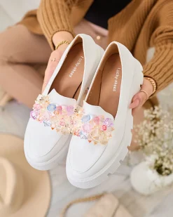 Best Białe damskie mokasyny z kolorowymi kryształkami Crystal Glam Półbuty|Mokasyny Na Płaskiej Podeszwie