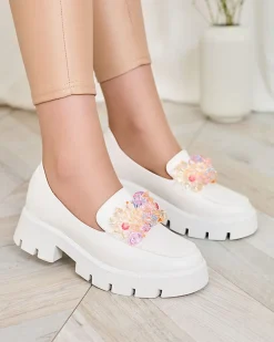 Best Białe damskie mokasyny z kolorowymi kryształkami Crystal Glam Półbuty|Mokasyny Na Płaskiej Podeszwie