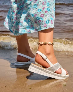 Best Białe damskie eko-skórzane sandały z cyrkoniami Trikysa Sandały Płaskie