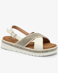 Best Białe damskie eko-skórzane sandały z cyrkoniami Trikysa Sandały Płaskie