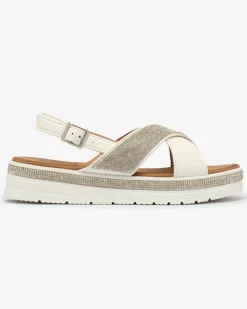 Best Białe damskie eko-skórzane sandały z cyrkoniami Trikysa Sandały Płaskie