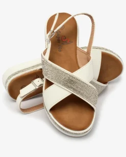 Best Białe damskie eko-skórzane sandały z cyrkoniami Trikysa Sandały Płaskie