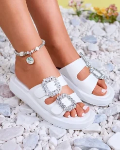 Clearance Białe klapki damskie z kryształkami Azazel Klapki Basenowe|Klapki Płaskie