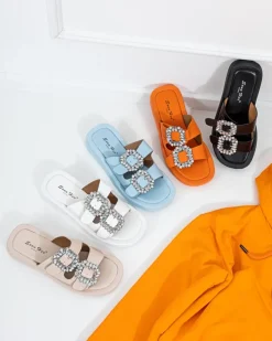 Clearance Białe klapki damskie z kryształkami Azazel Klapki Basenowe|Klapki Płaskie