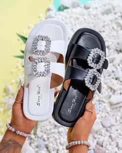 Clearance Białe klapki damskie z kryształkami Azazel Klapki Basenowe|Klapki Płaskie