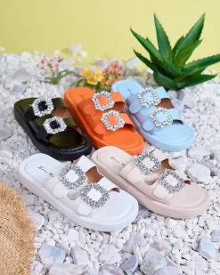 Clearance Białe klapki damskie z kryształkami Azazel Klapki Basenowe|Klapki Płaskie