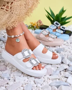 Clearance Białe klapki damskie z kryształkami Azazel Klapki Basenowe|Klapki Płaskie