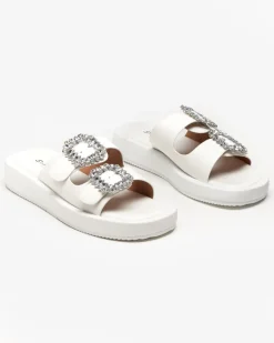 Clearance Białe klapki damskie z kryształkami Azazel Klapki Basenowe|Klapki Płaskie