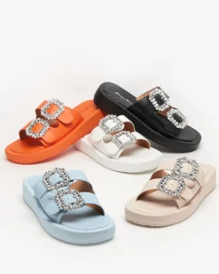 Clearance Białe klapki damskie z kryształkami Azazel Klapki Basenowe|Klapki Płaskie